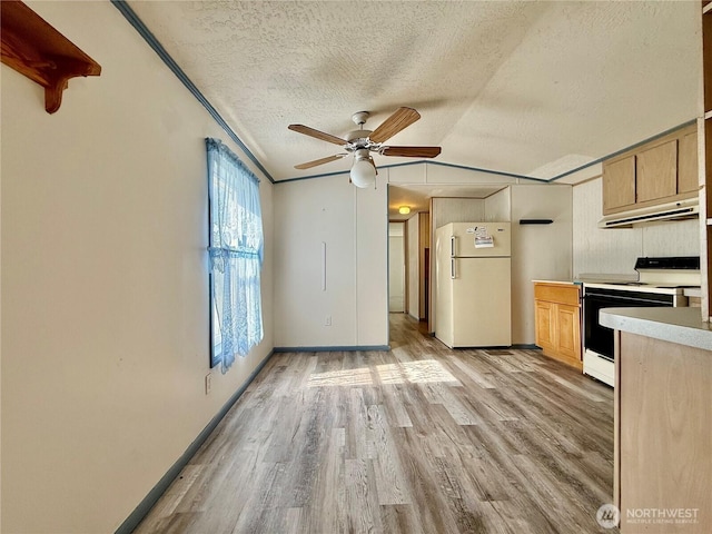 kitchen featuring light wood-style flooring, under cabinet range hood, range with electric stovetop, freestanding refrigerator, and light countertops