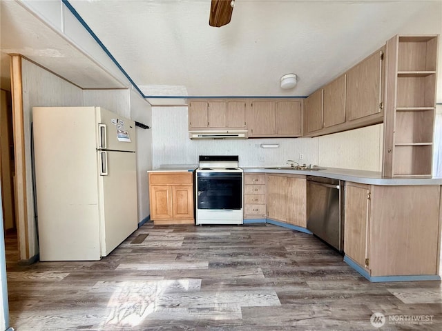 kitchen with light brown cabinets, freestanding refrigerator, under cabinet range hood, range with electric stovetop, and stainless steel dishwasher