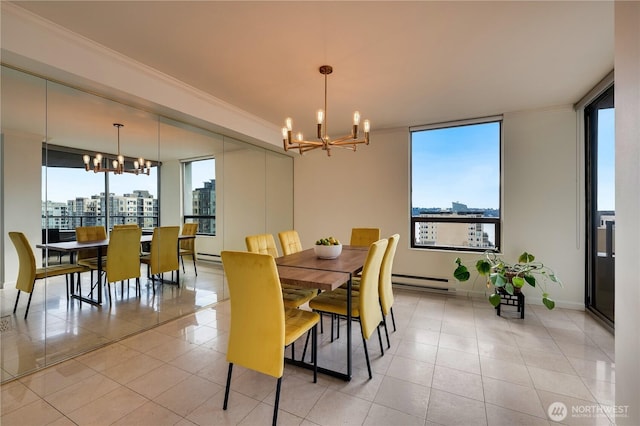 dining area featuring a chandelier, light tile patterned floors, a baseboard radiator, a city view, and crown molding