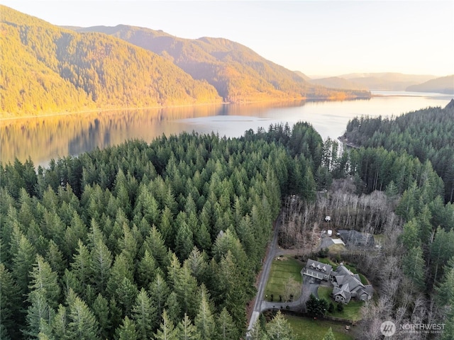 bird's eye view with a wooded view and a water and mountain view