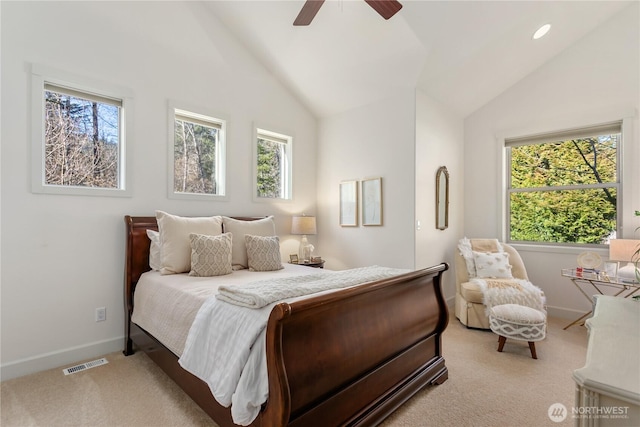 bedroom with lofted ceiling, recessed lighting, visible vents, light carpet, and baseboards