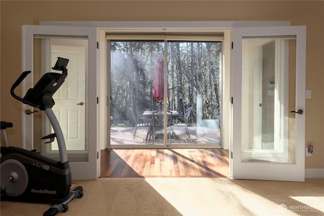 workout room featuring carpet floors