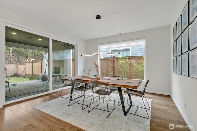 dining space with baseboards and wood finished floors