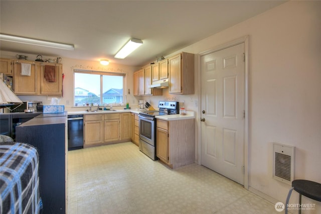 kitchen with electric stove, dishwasher, light brown cabinets, sink, and heating unit