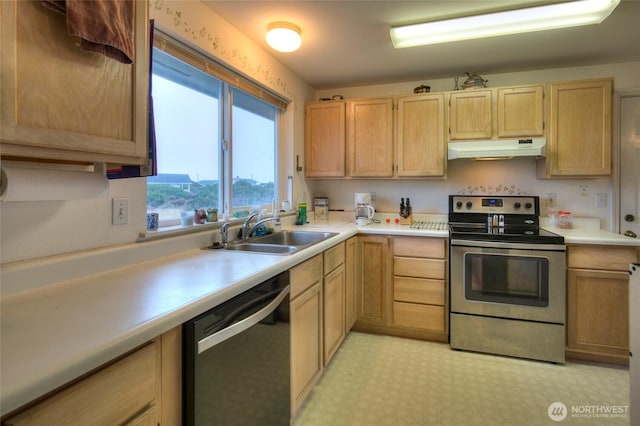 kitchen with stainless steel electric range, black dishwasher, sink, a mountain view, and light brown cabinets