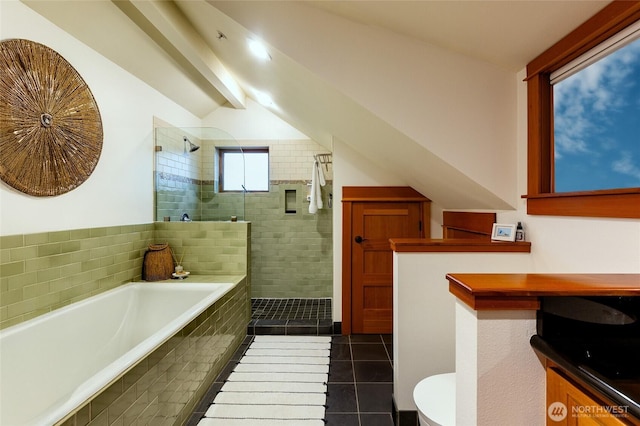 bathroom featuring toilet, lofted ceiling with beams, a garden tub, tile patterned flooring, and walk in shower