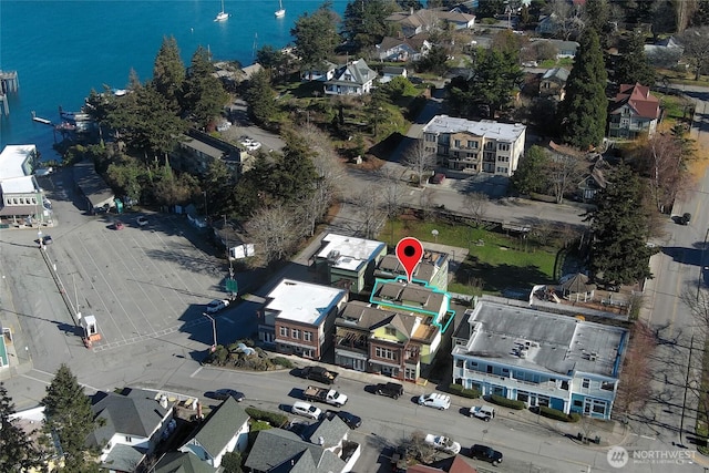 drone / aerial view featuring a water view