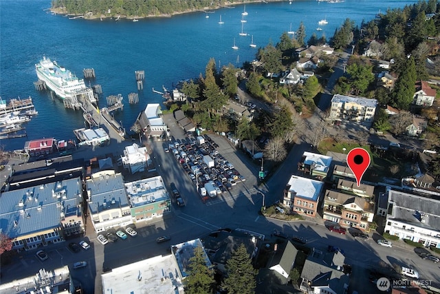 aerial view featuring a water view