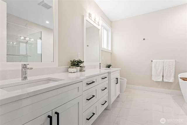 bathroom with a sink, visible vents, baseboards, marble finish floor, and double vanity