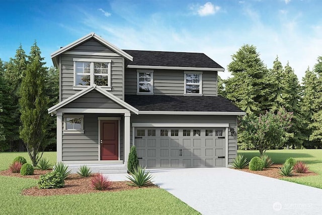 view of front of home featuring a garage, driveway, a shingled roof, and a front yard