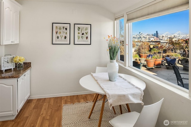 dining space with light wood finished floors, baseboards, and a city view