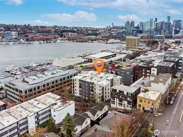 aerial view with a city view and a water view