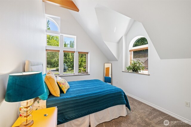 carpeted bedroom featuring vaulted ceiling and baseboards