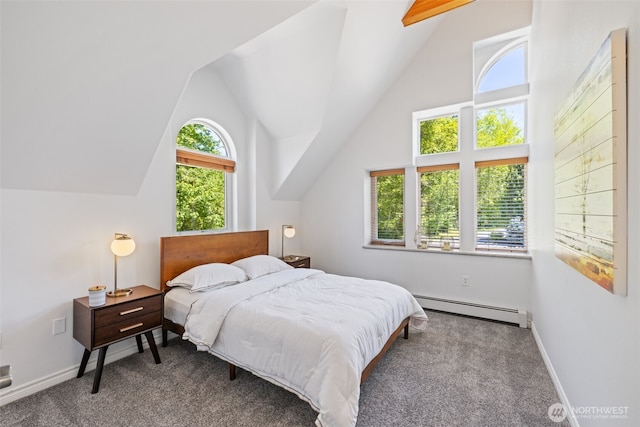 bedroom featuring a baseboard heating unit, vaulted ceiling, carpet, and baseboards