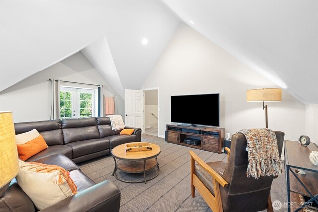 living room featuring lofted ceiling