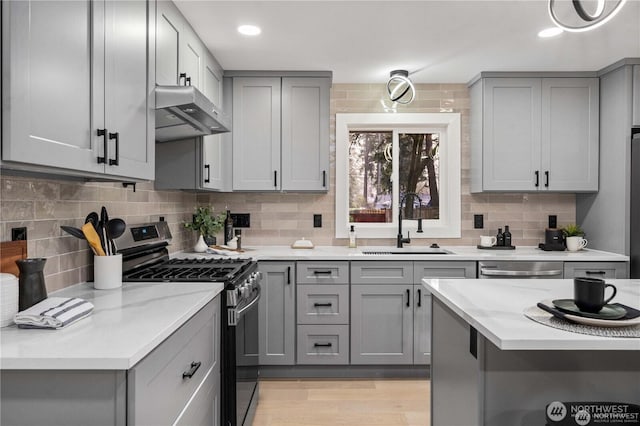 kitchen with appliances with stainless steel finishes, extractor fan, sink, light wood-type flooring, and gray cabinets