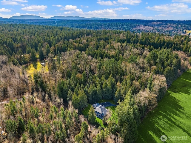 birds eye view of property featuring a mountain view and a forest view