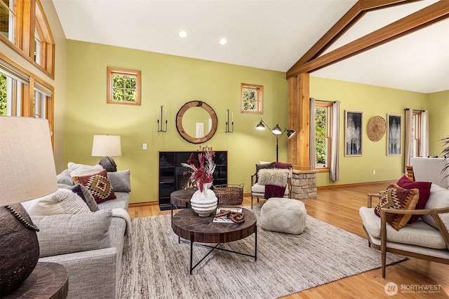 living room with a healthy amount of sunlight, vaulted ceiling, and wood finished floors