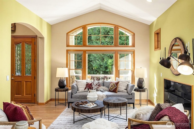 living area featuring high vaulted ceiling, light wood-type flooring, and baseboards