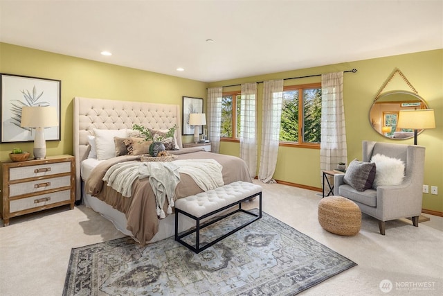 bedroom with carpet, baseboards, and recessed lighting