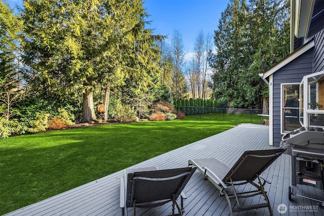 wooden deck featuring fence and a yard