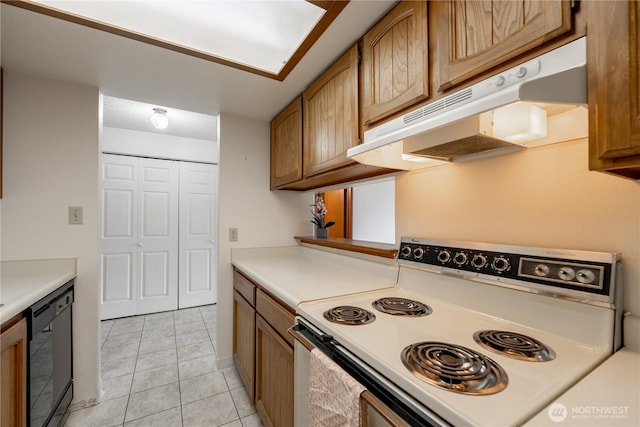 kitchen featuring light countertops, white electric range, dishwasher, and under cabinet range hood