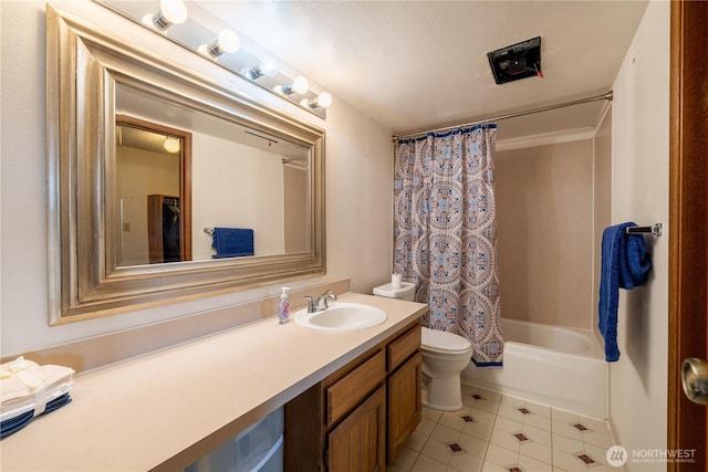 bathroom with shower / bath combination with curtain, tile patterned flooring, vanity, and toilet