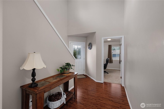 interior space with dark wood-type flooring, a high ceiling, a wealth of natural light, and baseboards