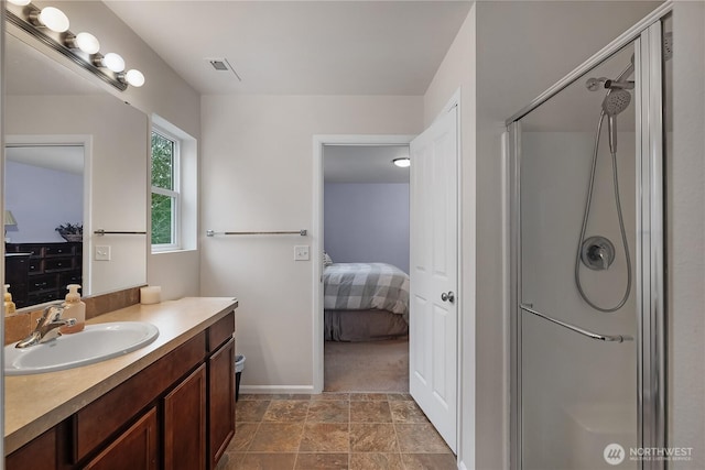 ensuite bathroom featuring visible vents, ensuite bath, vanity, and a shower stall