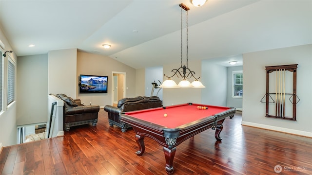 playroom featuring vaulted ceiling, billiards, hardwood / wood-style flooring, and baseboards