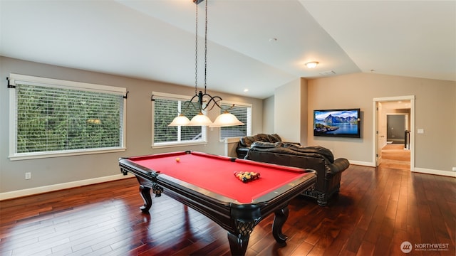 game room featuring lofted ceiling, baseboards, dark wood-style flooring, and pool table