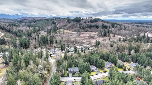 drone / aerial view with a forest view and a mountain view