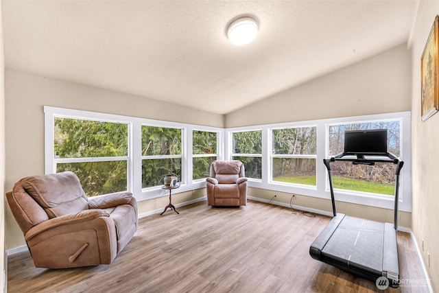 interior space featuring lofted ceiling, light wood-style flooring, baseboards, and a textured ceiling