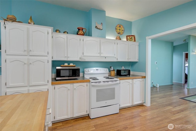 kitchen featuring white cabinetry, electric range, under cabinet range hood, and stainless steel microwave