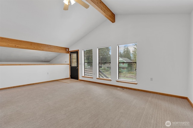 bonus room with visible vents, ceiling fan, baseboards, beamed ceiling, and light carpet