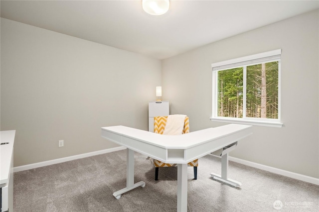 home office with baseboards and carpet flooring