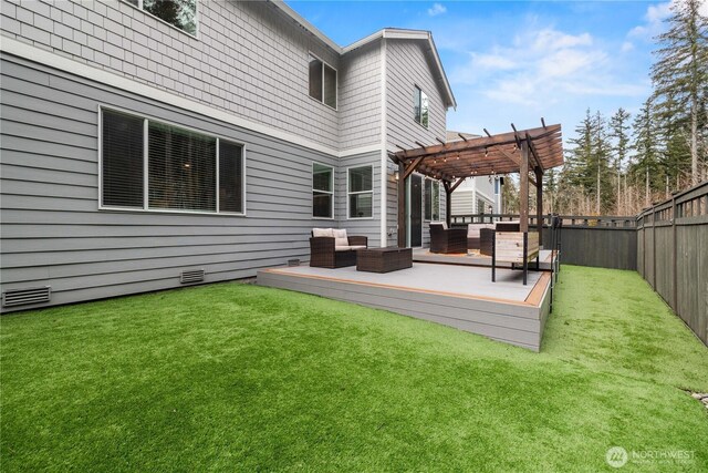 view of yard with a deck, a fenced backyard, an outdoor living space, and a pergola