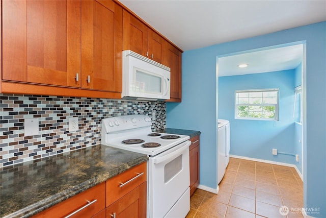 1314 N Callow Ave, Bremerton, WA 98312 - kitchen featuring white appliances, brown cabinetry, backsplash, baseboards, and light tile patterned flooring
