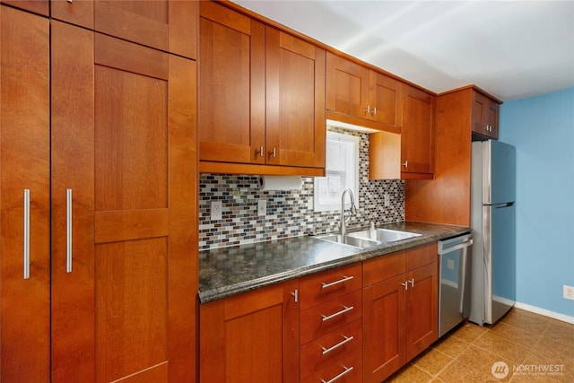 1314 N Callow Ave, Bremerton, WA 98312 - kitchen with appliances with stainless steel finishes, dark countertops, decorative backsplash, and a sink