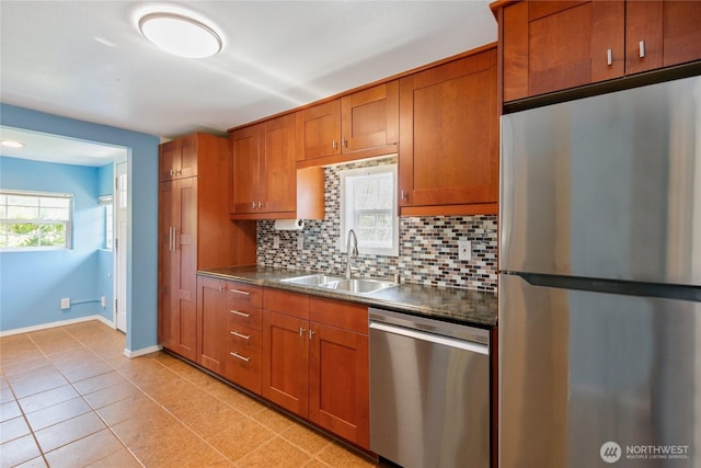 1314 N Callow Ave, Bremerton, WA 98312 - kitchen featuring brown cabinets, dark countertops, a sink, and appliances with stainless steel finishes