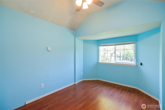 1314 N Callow Ave, Bremerton, WA 98312 - spare room with baseboards, a ceiling fan, lofted ceiling, and dark wood-type flooring