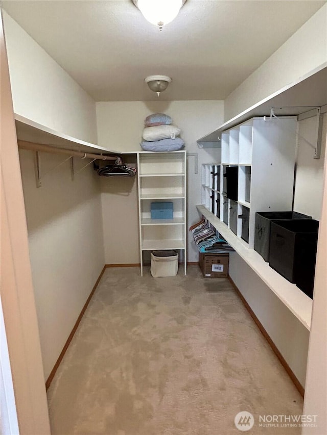 walk in closet with light carpet