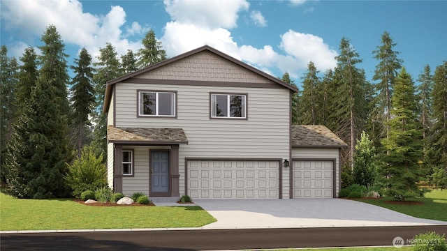 view of property featuring a front lawn and a garage