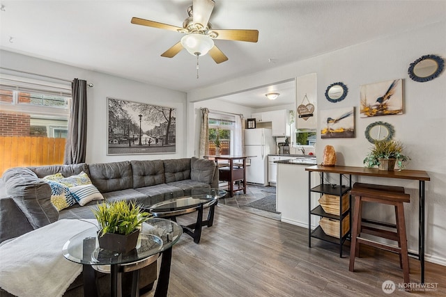 living area featuring a ceiling fan and dark wood-type flooring