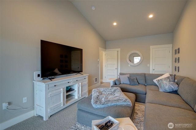 living room with lofted ceiling, recessed lighting, light colored carpet, visible vents, and baseboards