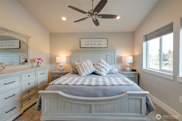 bedroom with baseboards, a ceiling fan, carpet, vaulted ceiling, and recessed lighting