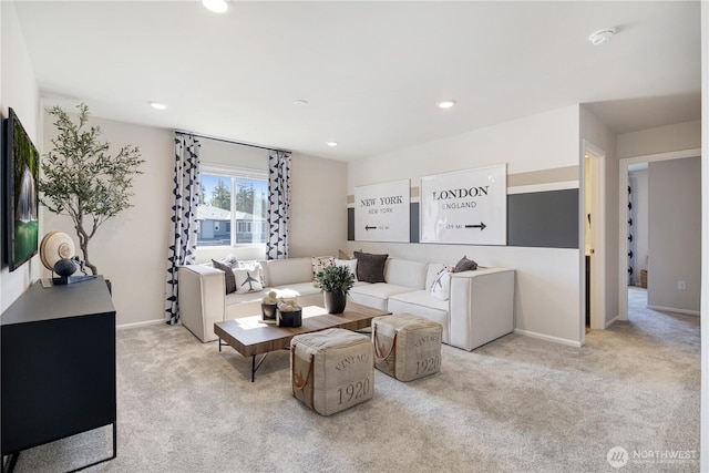 living room featuring light colored carpet