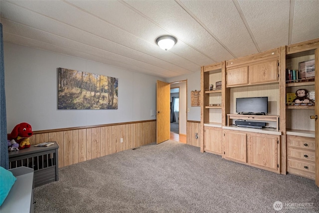 carpeted living room with wainscoting, wood walls, and a textured ceiling