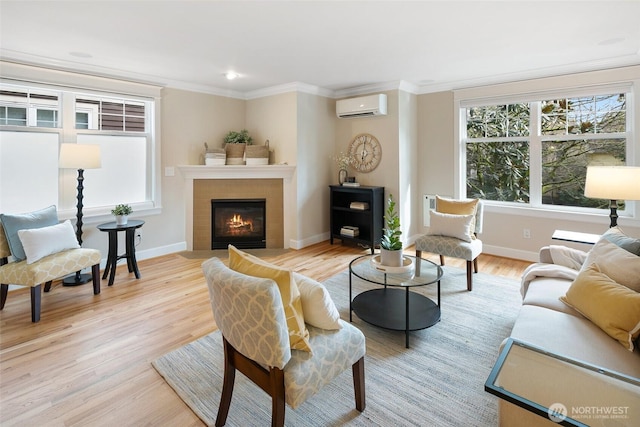 living room with light wood finished floors, baseboards, ornamental molding, and an AC wall unit