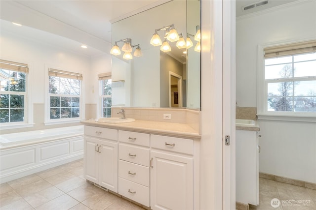 full bathroom featuring visible vents, ornamental molding, decorative backsplash, and tile patterned floors